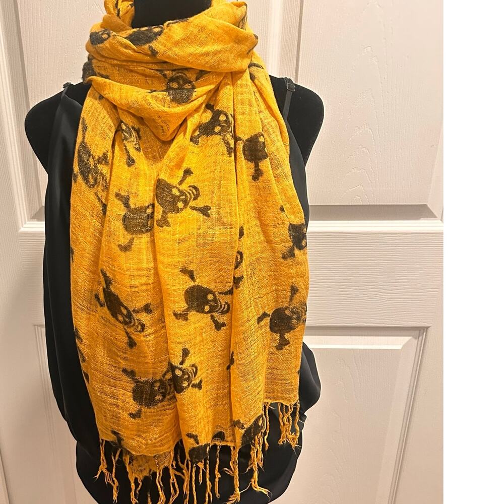 Liss Kiss Crossbones Print Scarf Mustard Yellow Large Lightweight Fringe - Picture 11 of 12